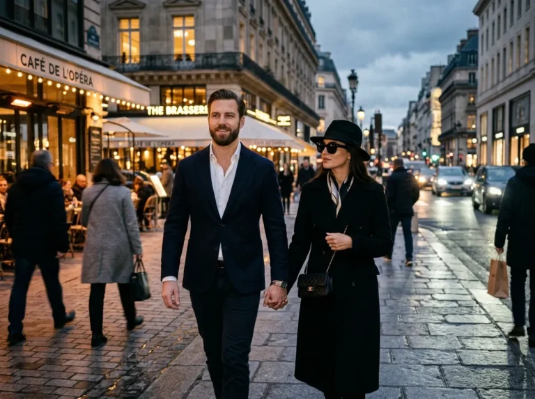 Niclas Rehmann Freundin: A mysterious and elegant portrayal of Niclas Rehmann and his private girlfriend Antonia walking through a city, with a subtle aura of secrecy surrounding her.